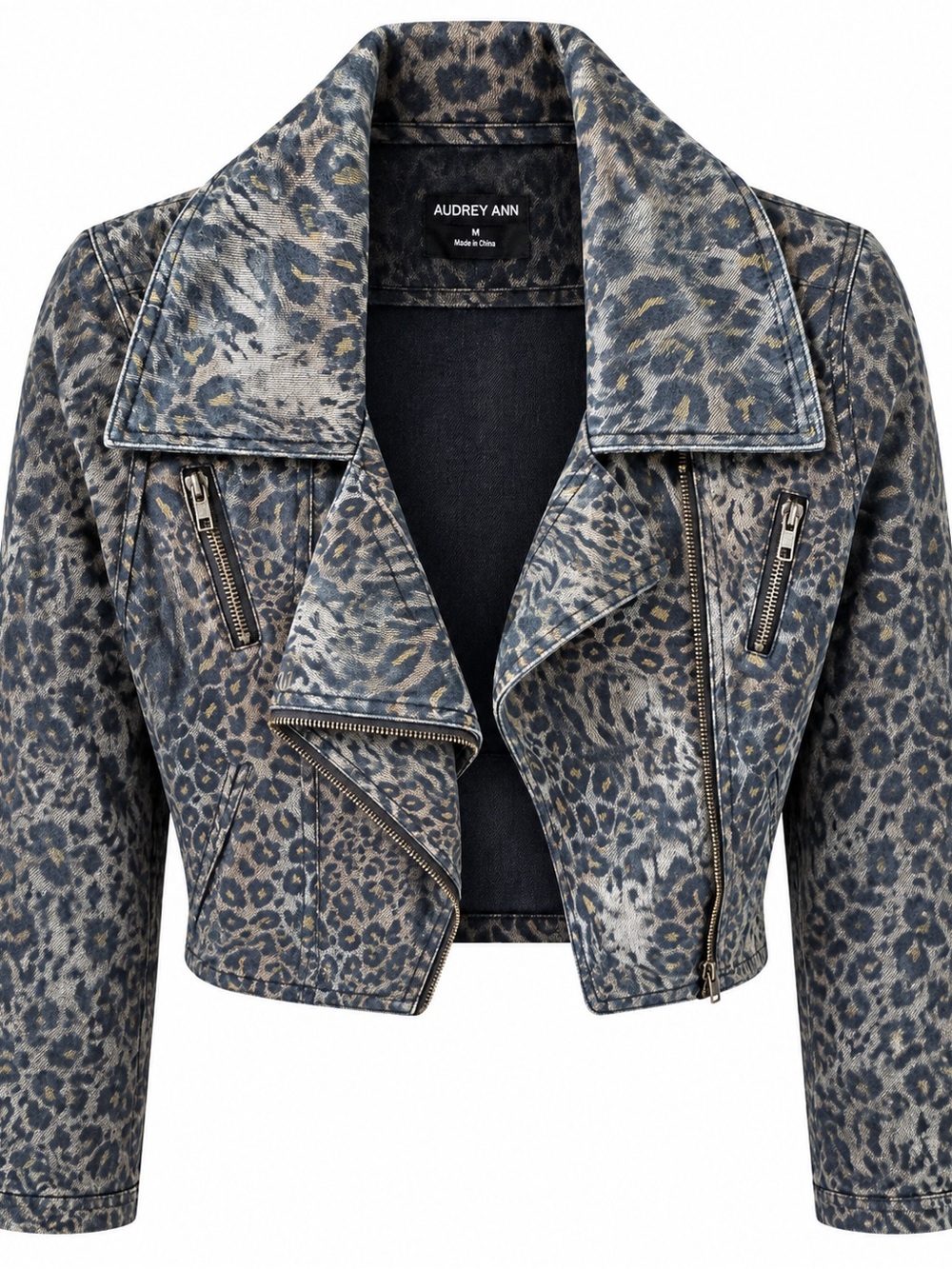 Audrey Ann Leopard Print Cropped Moto Jacket Animal Print Size M